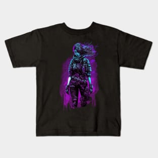 Cyberpunk Girl On Neon Background Kids T-Shirt